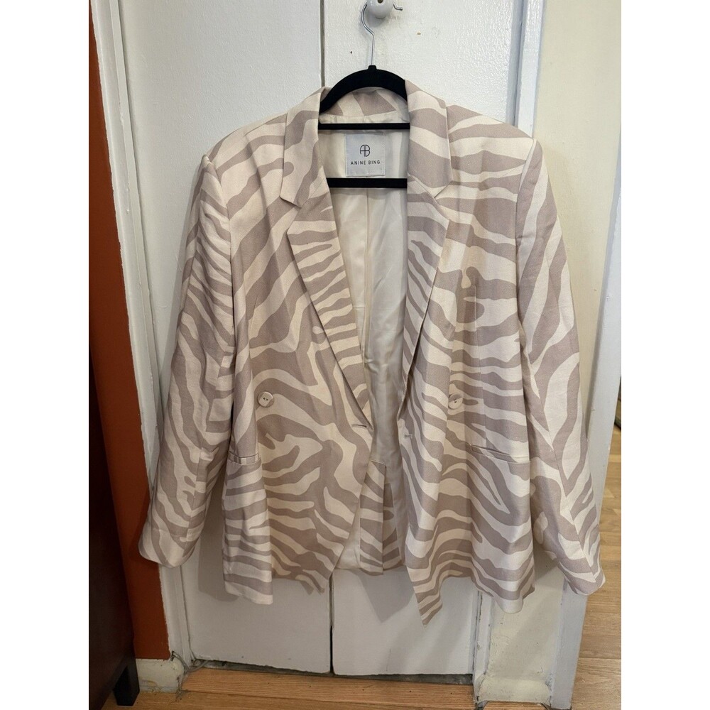 Anine Bing Beige/Ivory Zebra Animal Print Linen One-Button Blazer Womens S